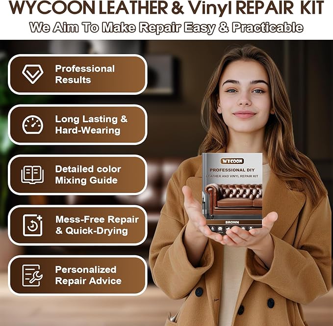 Brown Leather & Vinyl Repair Kit for Furniture, Car Seats, Couch, Purse - Fix Scratches, Tears, Fading on Genuine, Faux, Artificial Leather - Super Easy Instructions with Color Mixing Guide