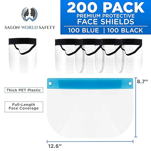 Salon World Safety Face Shields (100-Black & 100 Blue) - Ultra Clear Protective Full Face Shields to Protect Eyes, Nose and Mouth - Anti-Fog PET Plastic, Elastic Headband - Sanitary Droplet Guard
