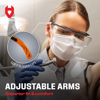 NoCry Safety Glasses That Fit Over Your Prescription Eyewear. Clear Anti-Scratch Wraparound Lenses, UV400 Protection, ANSI Z87 & OSHA Certified. Use in the Lab, Travelling, Black & Orange (10-pack)