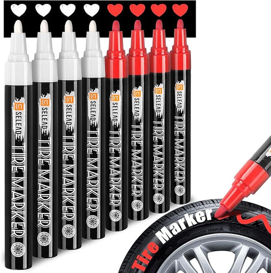 SELEAD Tire Marker White Red - 8 Pack Paint Pens for Car Tires Lettering, Premium Professional Oil Based Ink, Waterproof Quick Drying Non-Fading Permanent Markers