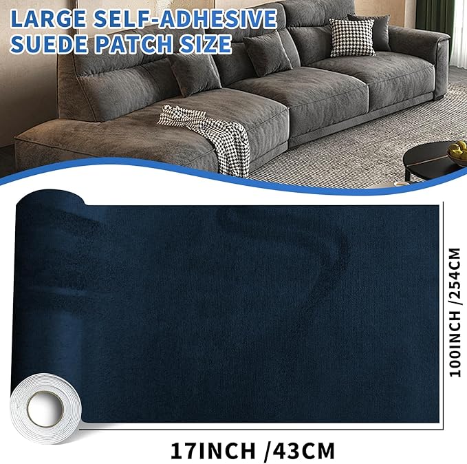 Suede Repair Patch, Large Faux Suede Leather Fabric，Self-Adhesive Fabric Patches for Furniture, Couch, Sofa, Car Interior, Shoes, Hand Bag, Jewelry Boxes ﻿ (Blue, 17x100inch)