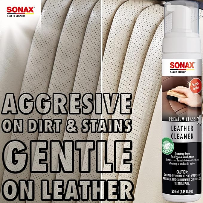 SONAX Premium Class Leather Cleaner | Powerful Foaming Formula for Deep Cleaning Smooth & Perforated Leather | Removes Stubborn Dirt, Stains & Blue Jean Transfer | Safe & Non-Drying | 281141 | 250ml