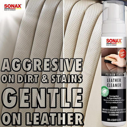 SONAX Premium Class Leather Cleaner | Powerful Foaming Formula for Deep Cleaning Smooth & Perforated Leather | Removes Stubborn Dirt, Stains & Blue Jean Transfer | Safe & Non-Drying | 281141 | 250ml
