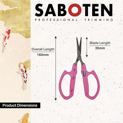 Saboten Stainless Steel Angled Blade Trimming Scissors Pink PT-13 160mm Precision Gardening Bonsai and Floral Shears Made in Japan