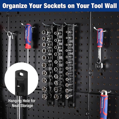 WORKPRO Magnetic Socket Organizer, 3/8-Inch Drive Aluminum Alloy Socket Rail, Heavy Duty Socket Holder, Socket Rack Kit 3/8-Inch x 10 Clips Black (Socket not Included)