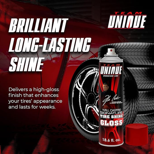 TEAM UNIQUE Tire Shine Gloss – 18.6 Fl Oz (550mL) Pack of 12 | High-Gloss Formula for Ultimate Tire Shine | Protects Against Cracking and Fading | Non-Greasy, Low-Sling Spray for Easy Application