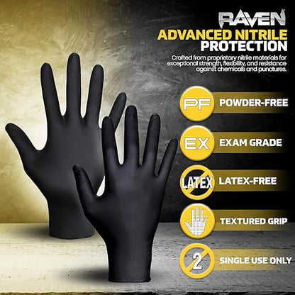 Raven Powder Free Nitrile Disposable Gloves - 10 Boxes / 100 Ea. | 1000 Gloves Total |7 Mil - 2XL | Latex Free, Chemical + Puncture Resistant, Textured Grip, Single Use | 66520