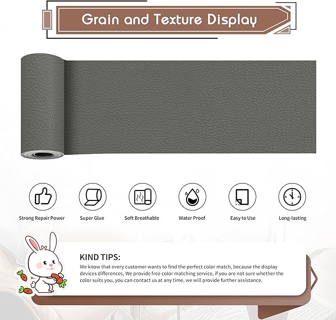 KING MOUNTAIN Leather Repair Patch,4 x 63 Inches self Adhesive Leather Repair Tape for Damaged Leather Furniture, Sofa Seating,Car Seats, Leather Goods（Gray）
