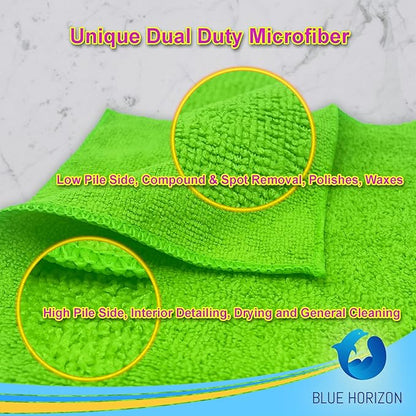 Blue Horizon Microfiber Cleaning Towels, Pack of 24, Ultra Soft Plush Washcloth, All Purpose Premium Microfiber Detailing Cleaning Cloths Reusable Shop Towels (16" x 16", Green)