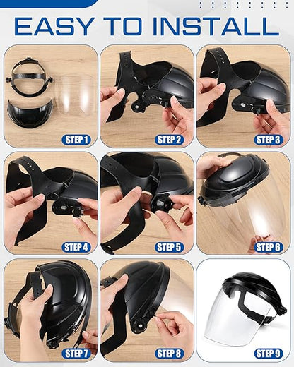 Tellegloww 4 Pcs Safety Face Shield for Grinding and Cutting, Clear Impact Resistant Visor, Full Face Shield Mask with Ratchet Headgear for Grinding, Isolation, Weed Whacking, Industrial Use (Black)