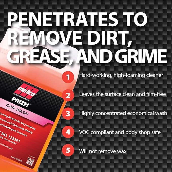 Malco Prizm Car Wash – Hard-Working, High-Foaming Automotive Cleaner/Formulated to Remove Soils and Rinse Away Cleanly/Excellent Cleaning Performance and Value / 1 Gallon (123201)