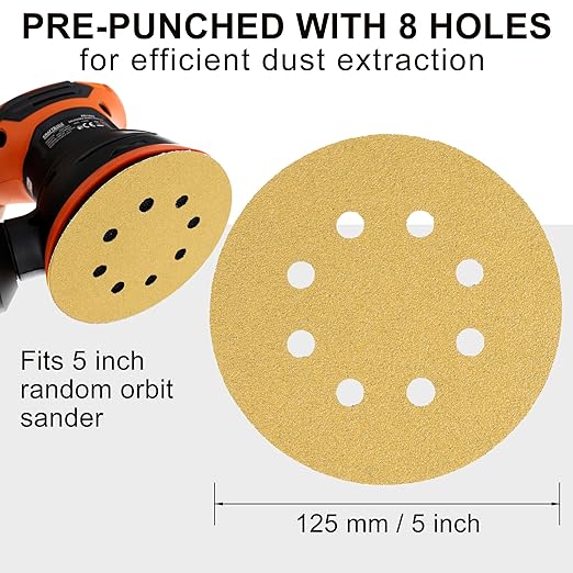 LotFancy 110 PCS 5 Inch 8 Hole Sanding Disc, 60 80 120 150 180 220 320 400 600 800 1000 Grit Aluminum Oxide Sandpaper Assortment, Sand Paper for Wood, Plastic, Rust Removal, Random Orbital Sander Pads