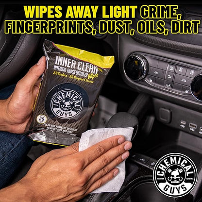 Chemical Guys InnerClean Interior Quick Detailer & Protectant Wipes – 50 Pack Multi Surface Interior Cleaner Wipes for Dashboards, Doors and Seats – Safe for Cars, Trucks, SUVs, RVs and Home Use