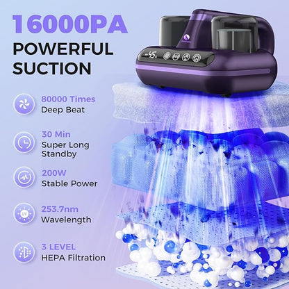 Amzany Mattress Vacuum Cleaner - 5-in-1 Cordless Bed Vacuum Cleaner, Powered by UV-C Light & Ultrasonic Technology, 16Kpa Strong Suction,Low Noise,Suitable for Dust, Pet Hair, Etc - Purple