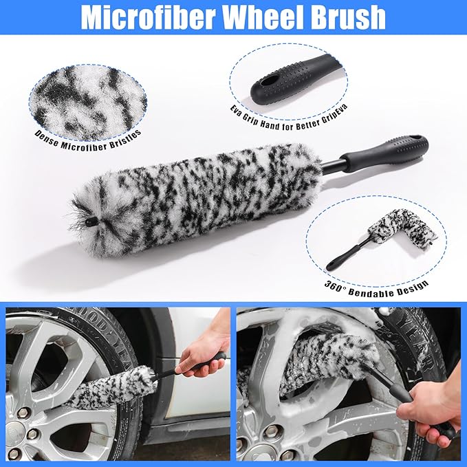 AUTODECO Car Detailing Kit, Car Detailing Brush Set, Bendable Car Wheel Rim Cleaner Brush Set, Car Detailing Brushes, Car Wash Cleaning Tools Kit for Interior, Exterior, Wheels, Blue