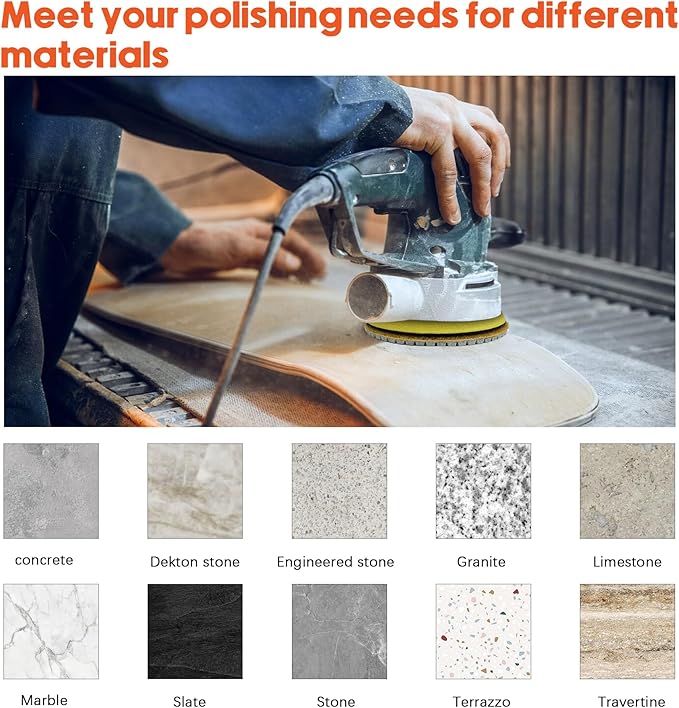 Konvixon Diamond Polishing Pads Set Wet/Dry Quartz Polishing Kit, Granite Stone Concrete Marble Tile Polish Pads for Grinder, 12Pcs 4 in 50#-8000# Grit Pads with Hook, Loop Backer and Drill Adapter