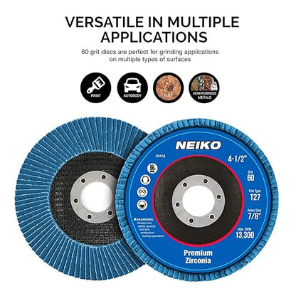 NEIKO 11117A 10 Pack Zirconia Flap Discs 4-1/2 for Angle Grinder, 60 Grit Flapper Wheel, Flat T27 Grinding Wheel 4.5 Inch Flap Disc, 7/8" Arbor Grinding Disc, Flap Wheel for Wood & Metal Sanding