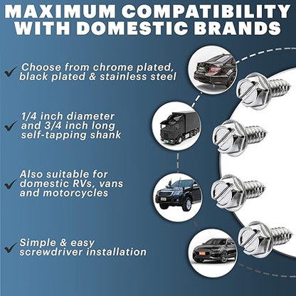 Chrome License Plate Screw Kit - Set of 4 Stainless Steel Fasteners for License Plates, Frames, and Covers on Domestic Cars, Trucks, Vans, SUVs - Rustproof, Self Tapping Mounting Bolts (Chrome Plated)