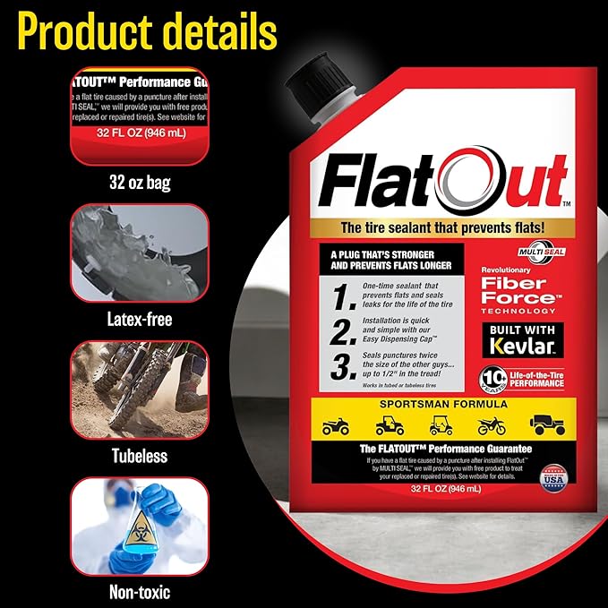 FlatOut Tire Sealant Sportsman Formula - Prevent Flat Tires, Seal Leaks, Contains Kevlar, 32-Ounce Bag, 1-Pack