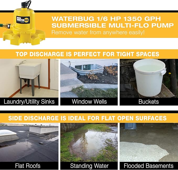 WAYNE - WaterBUG 1/6 HP 1350 GPH Submersible Pump with Multi-Flo Technology - Water Removal and Transfer Pump, Yellow