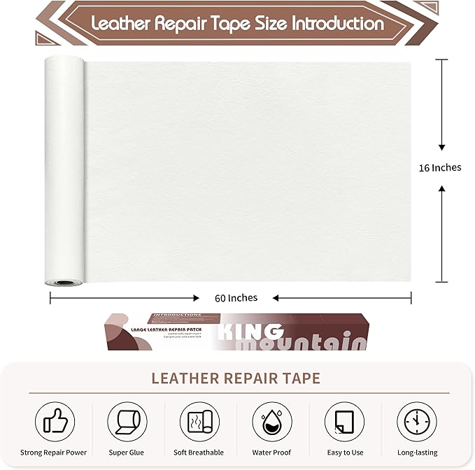 KING MOUNTAIN Leather Repair Patch,16 x 60 Inches self Adhesive Leather Repair Tape for Damaged Leather Furniture, Sofa Seating,Car Seats, Leather Goods（White）