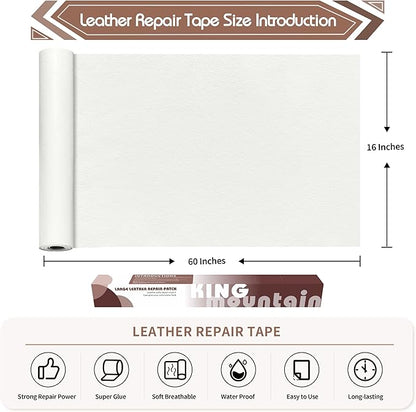 KING MOUNTAIN Leather Repair Patch,16 x 60 Inches self Adhesive Leather Repair Tape for Damaged Leather Furniture, Sofa Seating,Car Seats, Leather Goods（White）