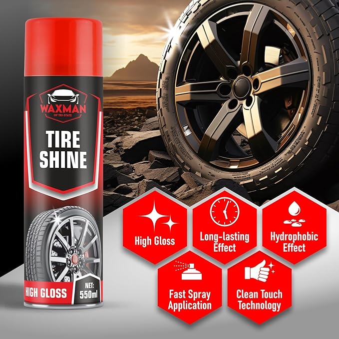 WAXMAN OF TRI STATE Car Tire Shine Spray – Deep Wet Look Car Tire Shine, Long-Lasting Hydrophobic Non-Greasy Tire Dressing – Safe for Cars, Trucks, Motorcycles, RVs – 18.6 fl oz