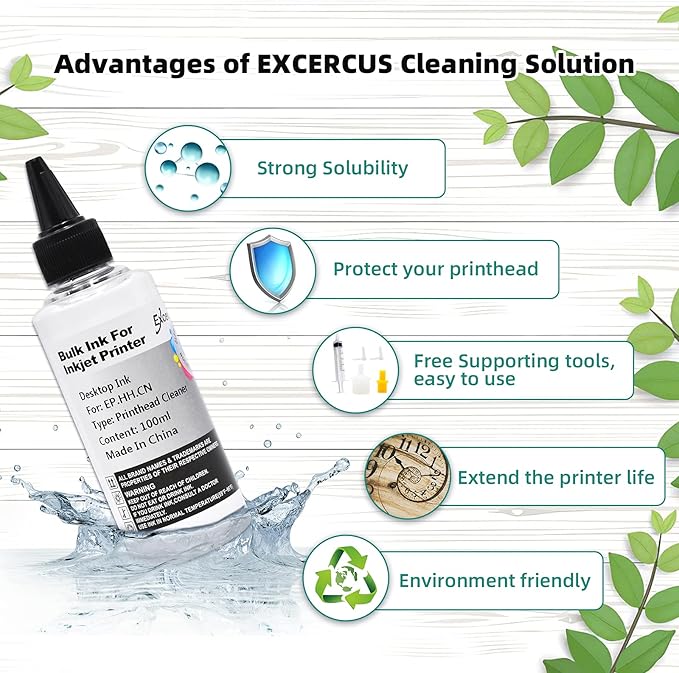 EXCERCUS Printhead Cleaning Kit Compatible for Brother Epson HP Canon Nozzle Inkjet EcoTank Officejet Deskjet Pixma Printers-Liquid Printers Head Cleaning Suit Solution 100ml, 10ml Premium Syringe