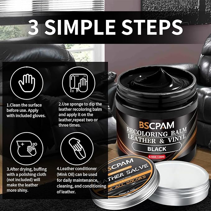 BSCPAM Black Leather Recoloring Balm with 100ml Mink Oil,Leather Couch Scratch Remover,Leather Repair kit for Vinyl Furniture and Car Interior,Leather Dye Paint,Mink Oil for Leather
