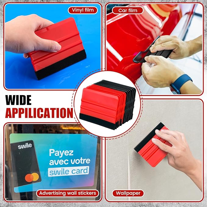 Lasnten 100 Pcs Squeegee for Vinyl Decal Tools 4 Inch Felt Edge Squeegee for Car Window Windshield Glass Cleaning Tool Vinyl Scraper Applicator Tool with Black Fabric Felt Edge(Red Black)