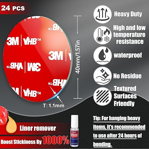 1.57in Round Double Sided Tape Heavy Duty, Made of 3M 5952 VHB, Extreme Mounting Tape, No Residue No Damage Waterproof Heat Resistant, Suitable for Home, Car, and Outdoor Use, 24PCS