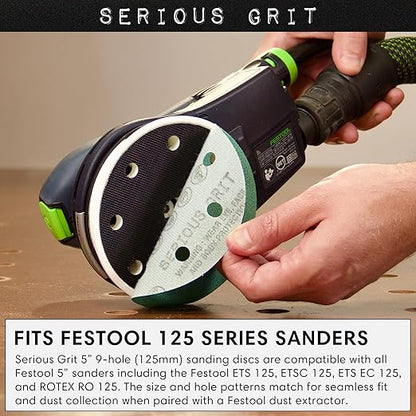 Serious Grit - 5-Inch 9-Hole 400 Grit Sanding Discs - Heavy-Duty Hook & Loop Film Discs - Sandpaper for Random Orbital Sanders - 50 Pack Box