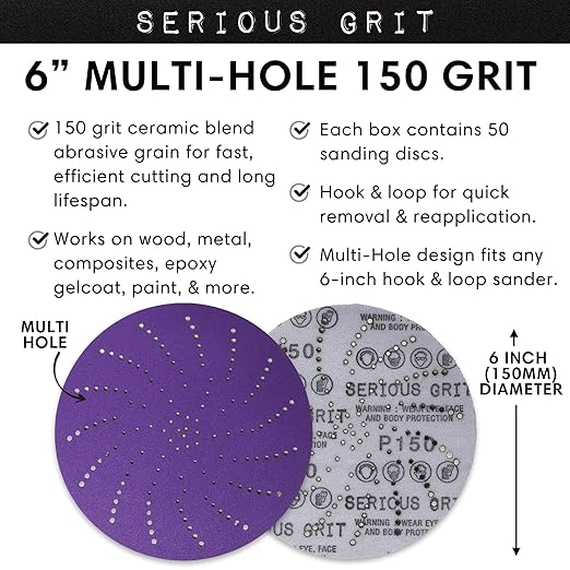 Serious Grit 6-Inch 150 Grit Ceramic Multi-Hole Hook & Loop Sanding Discs - Advanced Grain for Fast Cutting & Long Life - Film-Backed Universal Fit Sandpaper for 6-in Sanders - 50 Pack Box