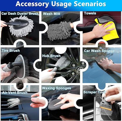 THINKWORK Car Wash Kit, Car Washing Brush with Long Handle, Extendable Car Wash Brush Mop with 2-in-1 Windshield Squeegee and 9Pcs Detailing Brushes, Gray Car Detailing Kit Gift for Men