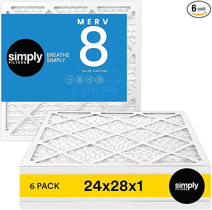 Simply 24x28x1 Air Filter, Merv 8, 6 Pack, For Home AC Furnace & HVAC (Actual Size: 23.75"x27.75"x0.75") DUST, Pet, & Allergy Control