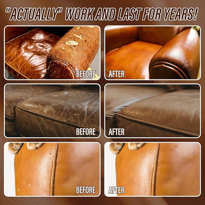 Brown Leather & Vinyl Repair Kit, Leather Repair Kit for Sofa, Jacket, Car Seats, Purse, Easily Restores Cat Scratch, Rips, Tears, Cracks, Holes on Faux, Artificial, Genuine Pleather & Any Material