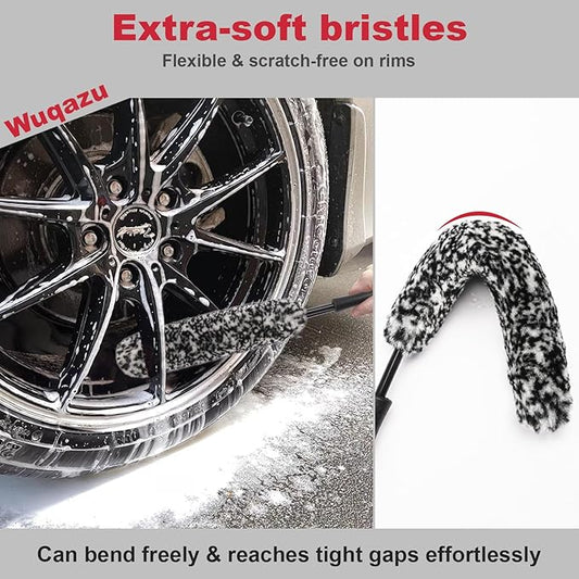 Wuqazu 4PCS Compact Wheel & Tire Cleaning Kit - 360° Flexible Synthetic Wool Rim Brush, 2 Dual-Bristle Brushes & Microfiber Towel | Scratch-Free for All Vehicles