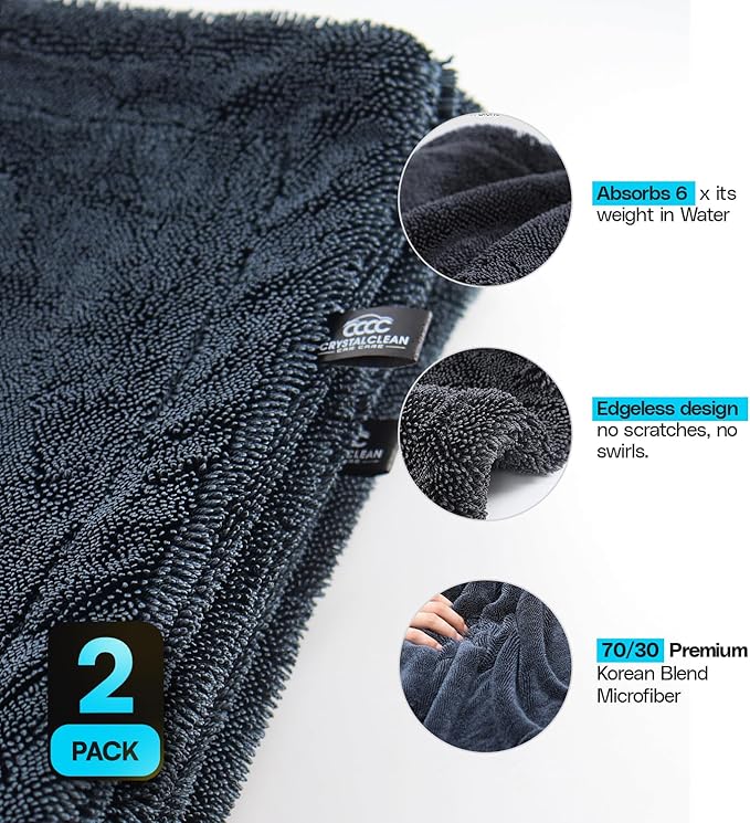 Crystal Clean 1300GSM Microfiber Towels for Cars – XL Drying Towel with Double Twisted Loop, Professional Detailing Towel Car Detailers - Quick Dry, Paint Safe & Swirl-Free (2 Pack Grey)