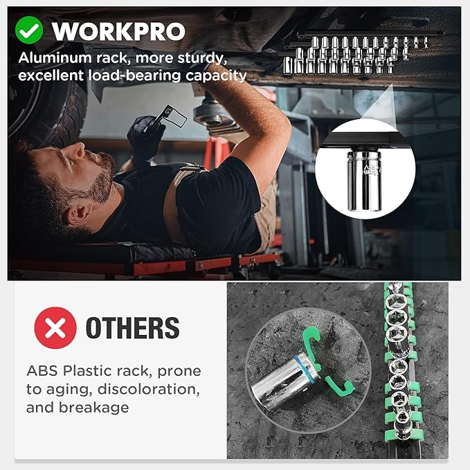 WORKPRO Magnetic Socket Organizer, 3/8-Inch Drive Aluminum Alloy Socket Rail, Heavy Duty Socket Holder, Socket Rack Kit 3/8-Inch x 10 Clips Black (Socket not Included)