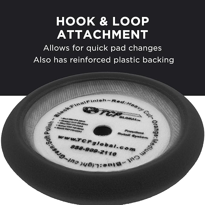TCP Global 8" Black Foam Buffing Pad Extra Fine Finishing Polish Hook and Loop Backing - Buffing Pad for Automotive, Marine, Truck, RV & Compound Cutting