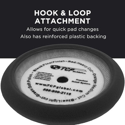 TCP Global 8" Black Foam Buffing Pad Extra Fine Finishing Polish Hook and Loop Backing - Buffing Pad for Automotive, Marine, Truck, RV & Compound Cutting
