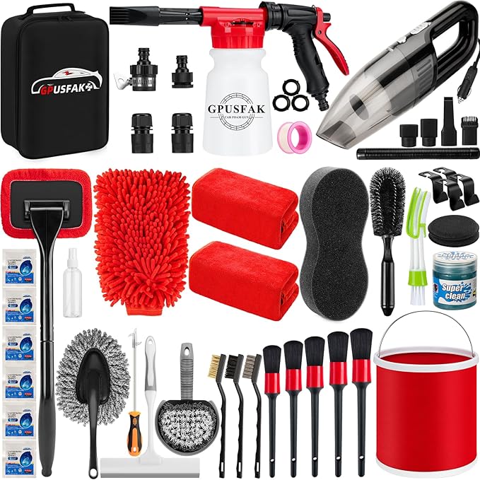 GPUSFAK 46Pcs Car Wash Cleaning Kit with Foam Gun Sprayer Detailing Brushes Car Vacuum Collapsible Bucket Windshield Cleaning Tool Tire Brush Towels Complete Interior Exterior Detailing Set for Car