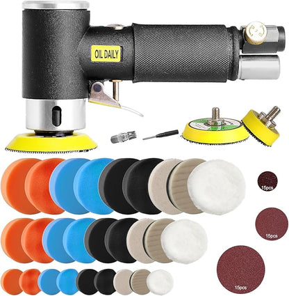 Mini Air Sander,Random Orbital Air Sander Kit,Mini Pneumatic Sander for auto sanding tools kits with 1/2/3inch Polishing Sponge & Wool Pads Sandpapers (1"2"3" Buffer&Sander Kit)