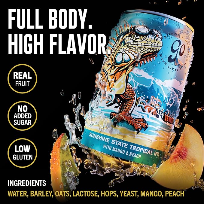 Go Brewing - Sunshine State Tropical IPA - Non-Alcoholic Craft Beer - Small Batch, Low-Calorie Brew - Mango and Peach Flavor Profile - Bold and Smooth Finish - Ideal for Any Occasion (12 Oz, 12 Cans)