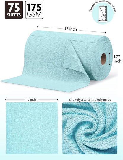 Fantasticlean Microfiber Cleaning Cloth Roll -75 Pack, Tear Away Microfiber Towels, 12" x 12", Reusable, Washable, Scratch Free, Ultra Absorbent Dishcloth for All-Around Cleaning Supplies (Blue)