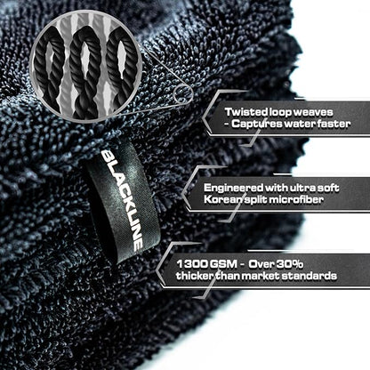 Blackline 24"x36" Twisted-Loop Car Drying Towel, 1300GSM, Streak Free, Lint Free, Reusable - Car Accessories, Microfiber Cleaning Cloth for Car, Truck, SUV - One Pass is All You Need