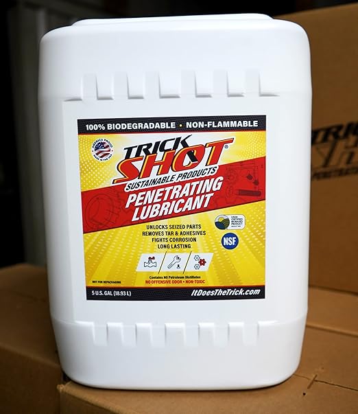 Trick Shot - 3 in 1 Penetrating Lubricant Oil - Non-Toxic, Non-Flammable & Eco-Friendly Food Grade Industrial Oil Spray - Biodegradable Anti-Seize Lubricant, Protects, Degreases & Cleans -5 Gallons