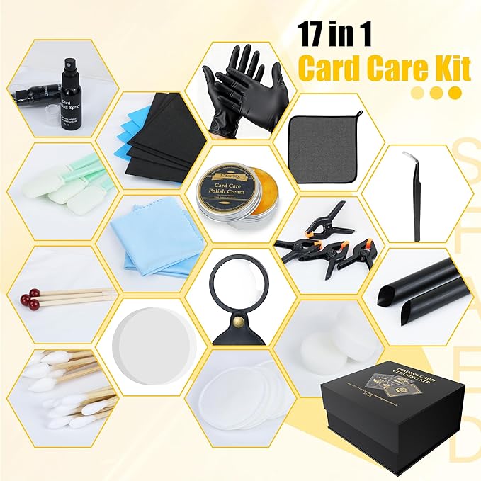 SFAED Card Care Clean Kit,17-in-1 Card Cleaning and Polishing Restoration Kit, Trading Card Cleaning Box with Cleaning Spray and Balck Nitrile Gloves, Suitable for Surface Card Care&Flatten Edges