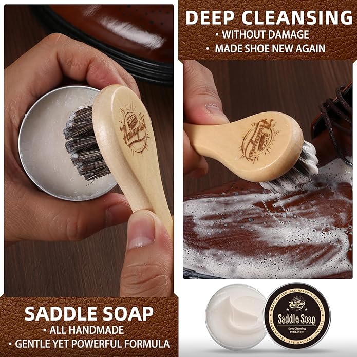 Awaydol 10 PCS Leather Care Kit - Horsehair Brushes,Saddle Soap,Waterproofing Wax,Mink Oil Conditioner,Polishing Cloth,Microfiber cloth,Boot Shoe Shine Cleaning Kit Gift for Men Cowboy Husband Dad ﻿