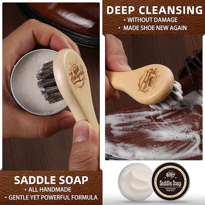 Awaydol 10 PCS Leather Care Kit - Horsehair Brushes,Saddle Soap,Waterproofing Wax,Mink Oil Conditioner,Polishing Cloth,Microfiber cloth,Boot Shoe Shine Cleaning Kit Gift for Men Cowboy Husband Dad ﻿